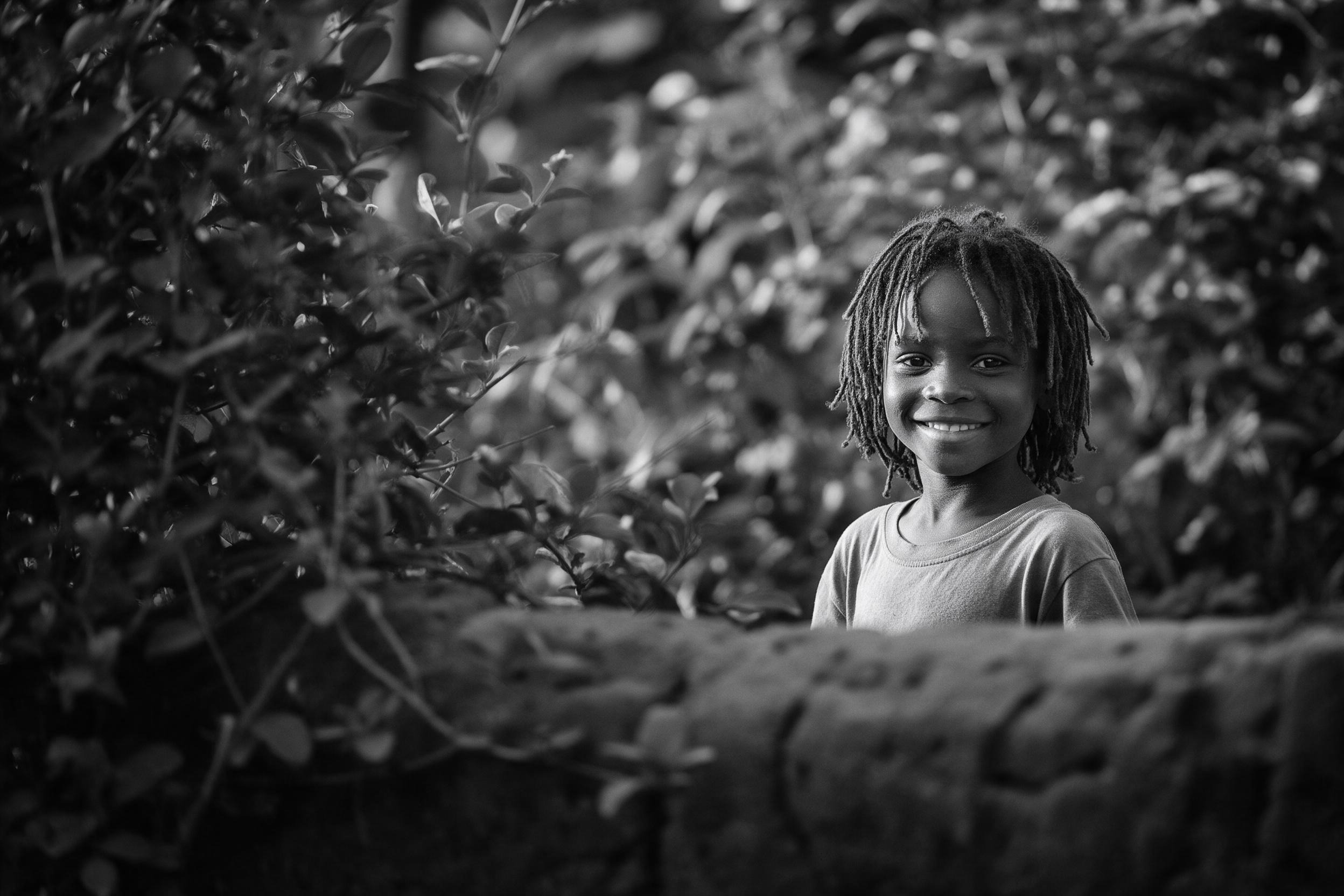 Image générée provisoire : le portrait en noir et blanc d’un enfant souriant, entre un premier plan et un feuillage flous.